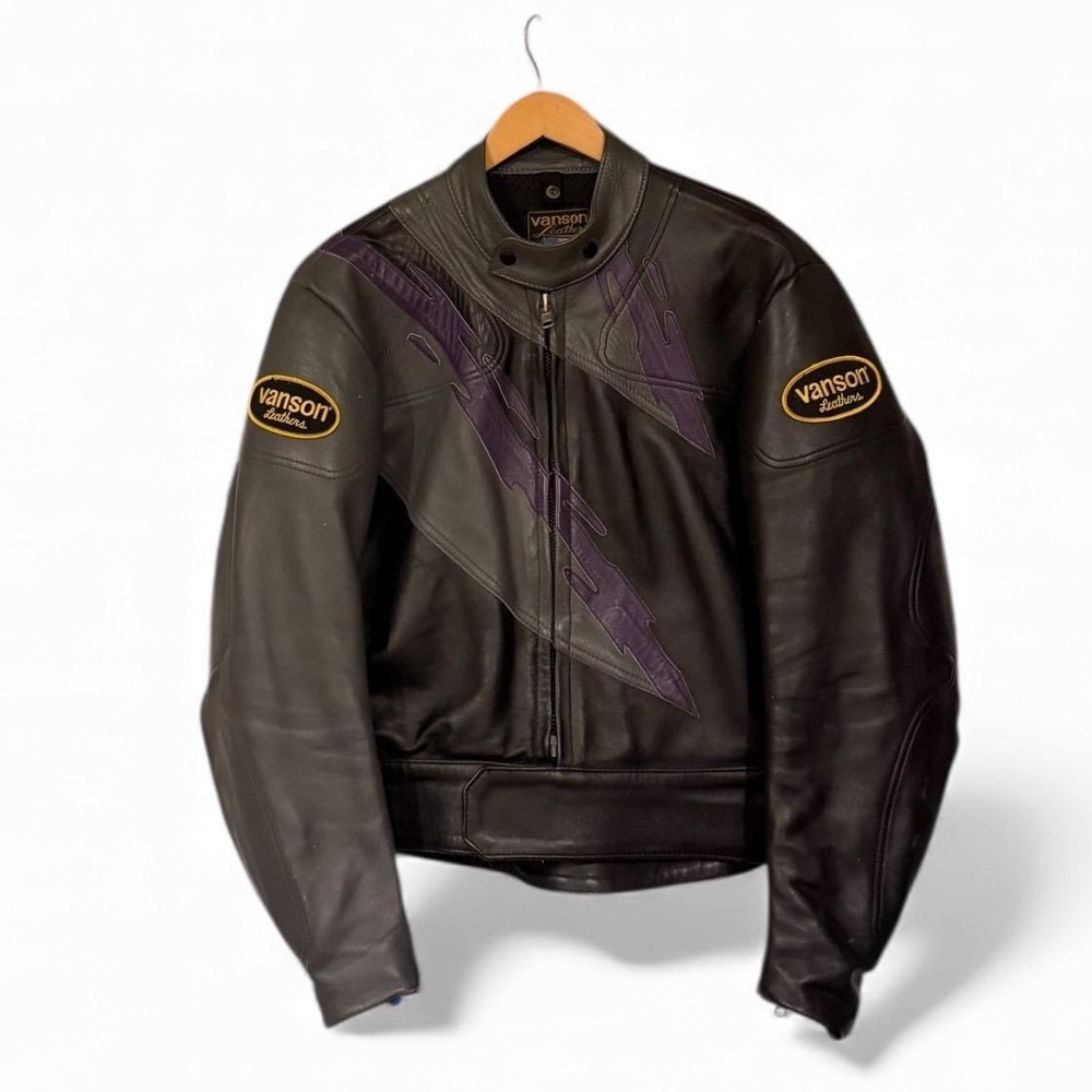Vtg Vanson Leathers Motorcycle Jacket Black Gray Purple Lightning Bolt Sz 44 USA
